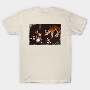 Backyard Playing Beagles, Rabbit and Fawn T-Shirt